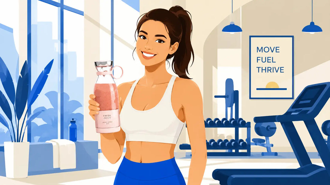 A fit woman holding a Fresh Juice portable blender in a gym setting, illustrating post-workout juice and smoothie recipes