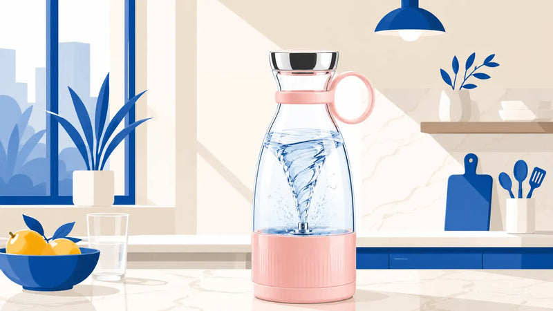Fresh Juice pink self-cleaning portable blender on a kitchen counter, demonstrating the cleaning process with a water vortex inside