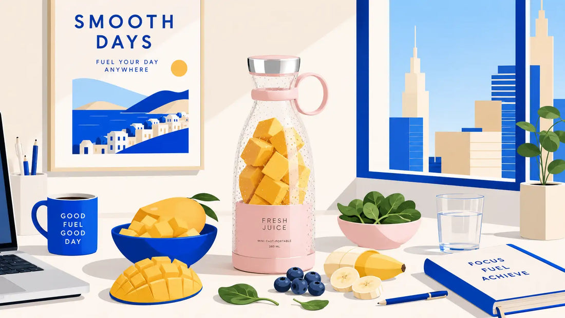 Fresh Juice pink portable blender on an office desk filled with mango chunks, surrounded by fresh smoothie ingredients for a workday recipe guide