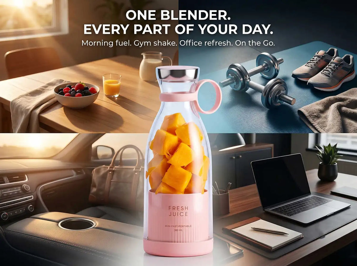 Versatile portable juice blender displayed for travel, car use, gym, and office desks